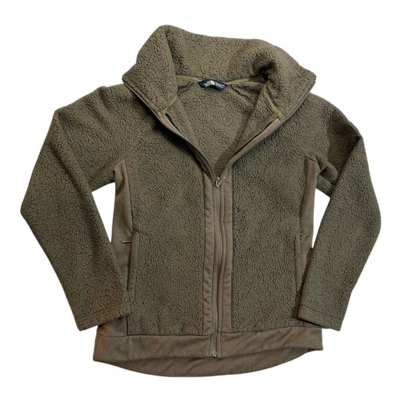 The North Face Fleece Jacket Full Zip Sherpa Olive Green Athletic High Neck - Picture 1 of 9